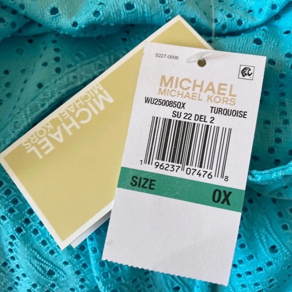 Michael Kors Shirt Womens 0X Aqua Blue‎ Eyelet Stretch Faux Wrap Top Sleeveless - Picture 8 of 11